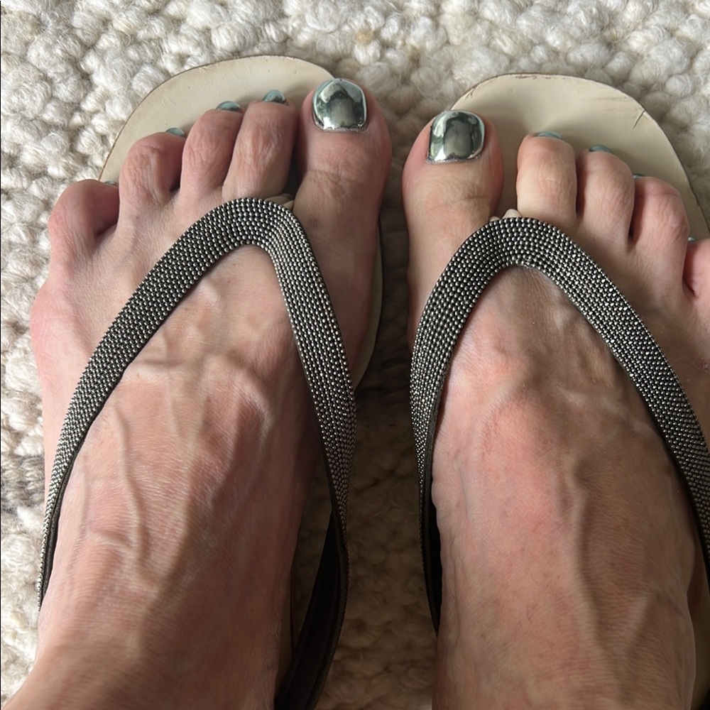 Brunello Cucinelli silver/ Black and White Sandals Monil flat sandals